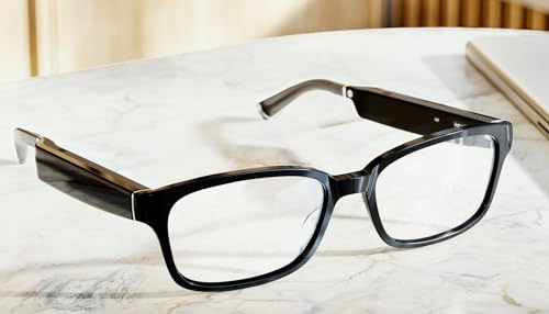 Amazon Echo Frames (newest model) + Echo Show 8 (newest model), Smart Glasses with Alexa, Rectangle frames in Classic Black with blue light filtering lenses
