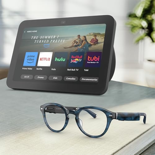 Amazon Echo Frames (newest model) + Echo Show 8 (newest model), Smart Glasses with Alexa, Rectangle frames in Classic Black with blue light filtering lenses