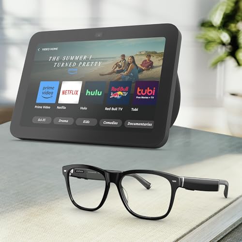 Amazon Echo Frames (newest model) + Echo Show 8 (newest model), Smart Glasses with Alexa, Rectangle frames in Classic Black with blue light filtering lenses