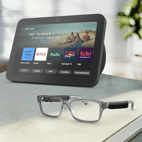 Amazon Echo Frames (newest model) + Echo Show 8 (newest model), Smart Glasses with Alexa, Rectangle frames in Classic Black with blue light filtering lenses