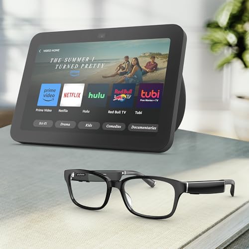 Amazon Echo Frames (newest model) + Echo Show 8 (newest model), Smart Glasses with Alexa, Rectangle frames in Classic Black with blue light filtering lenses