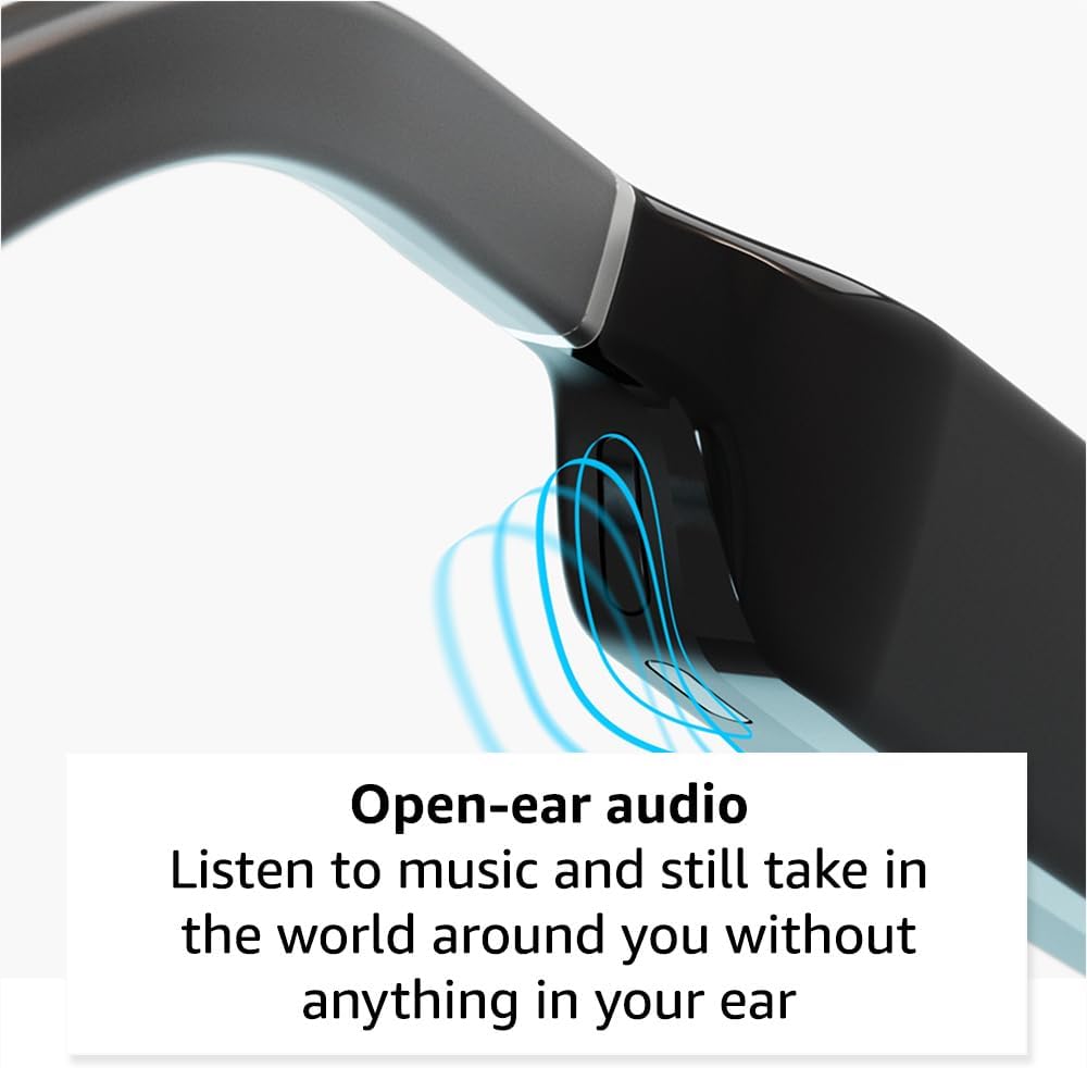 Amazon Echo Frames (newest model) + Echo Show 8 (newest model), Smart Glasses with Alexa, Rectangle frames in Classic Black with blue light filtering lenses