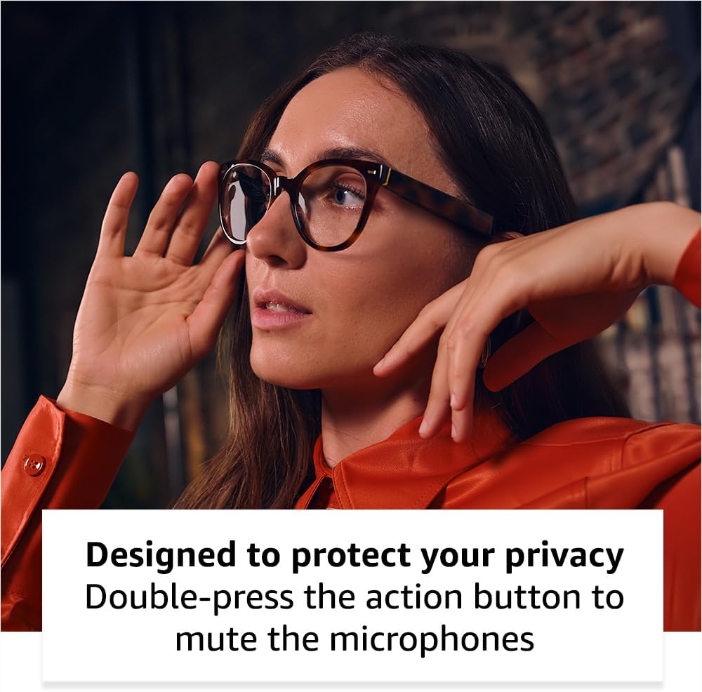 Amazon Echo Frames (newest model) + Echo Show 8 (newest model), Smart Glasses with Alexa, Rectangle frames in Classic Black with blue light filtering lenses