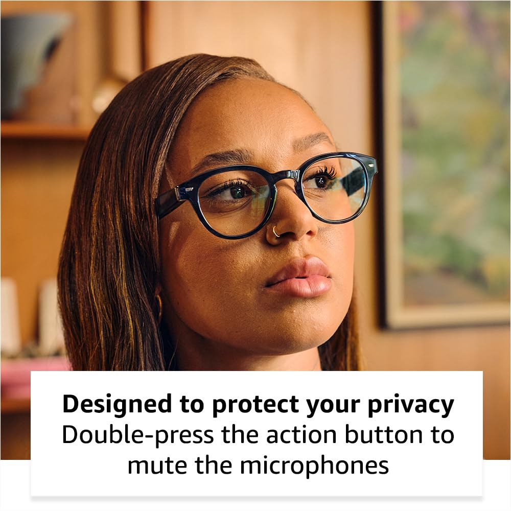 Amazon Echo Frames (newest model) + Echo Show 8 (newest model), Smart Glasses with Alexa, Rectangle frames in Classic Black with blue light filtering lenses