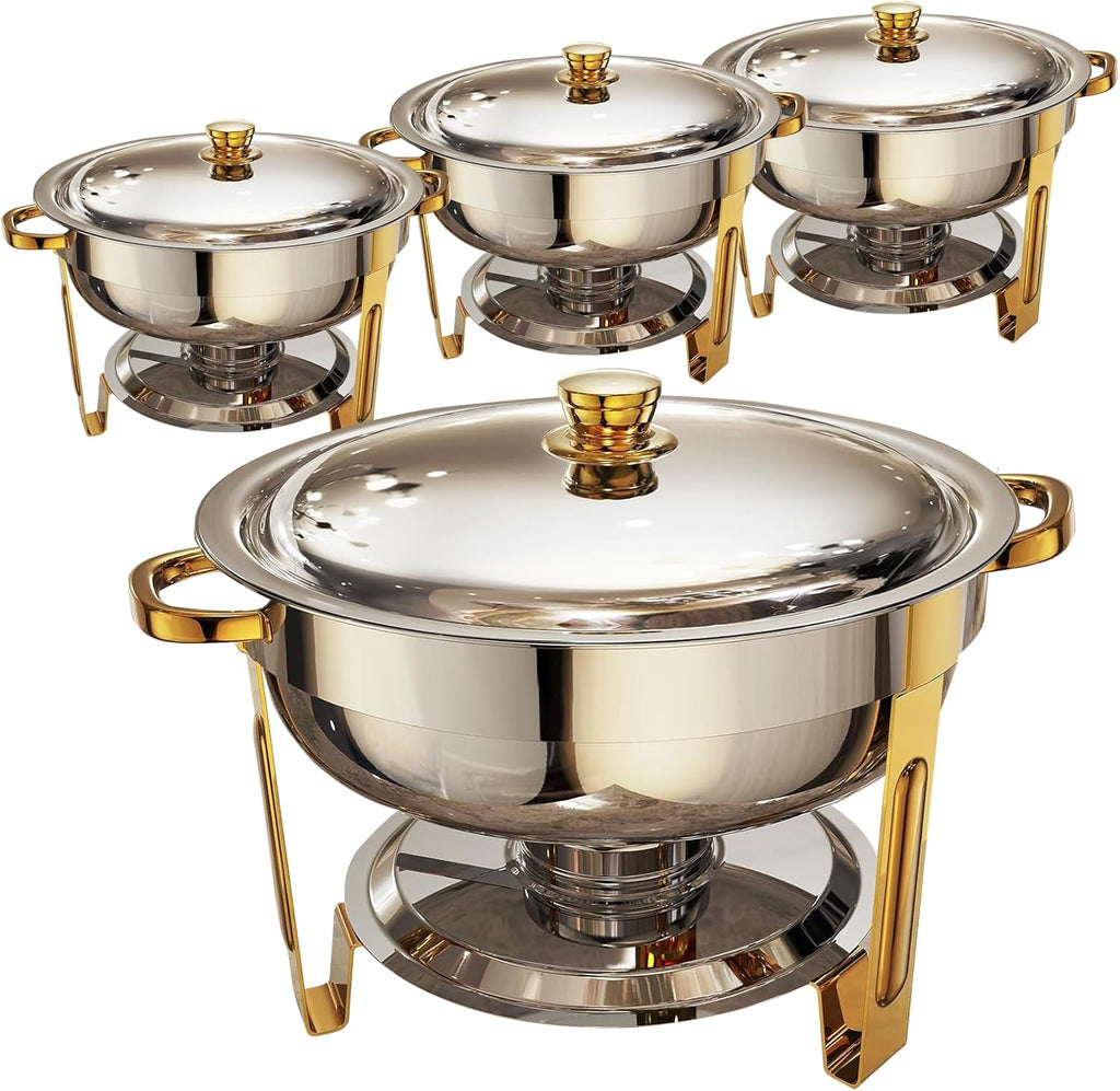 Chafing Dishes for Buffet 4 Pack, 6QT Round Chafing Dish Buffet Set Stainless Steel Buffet Food Warmers Sets for Catering Events Parties Dinners with Complete Set,Gold and Silver