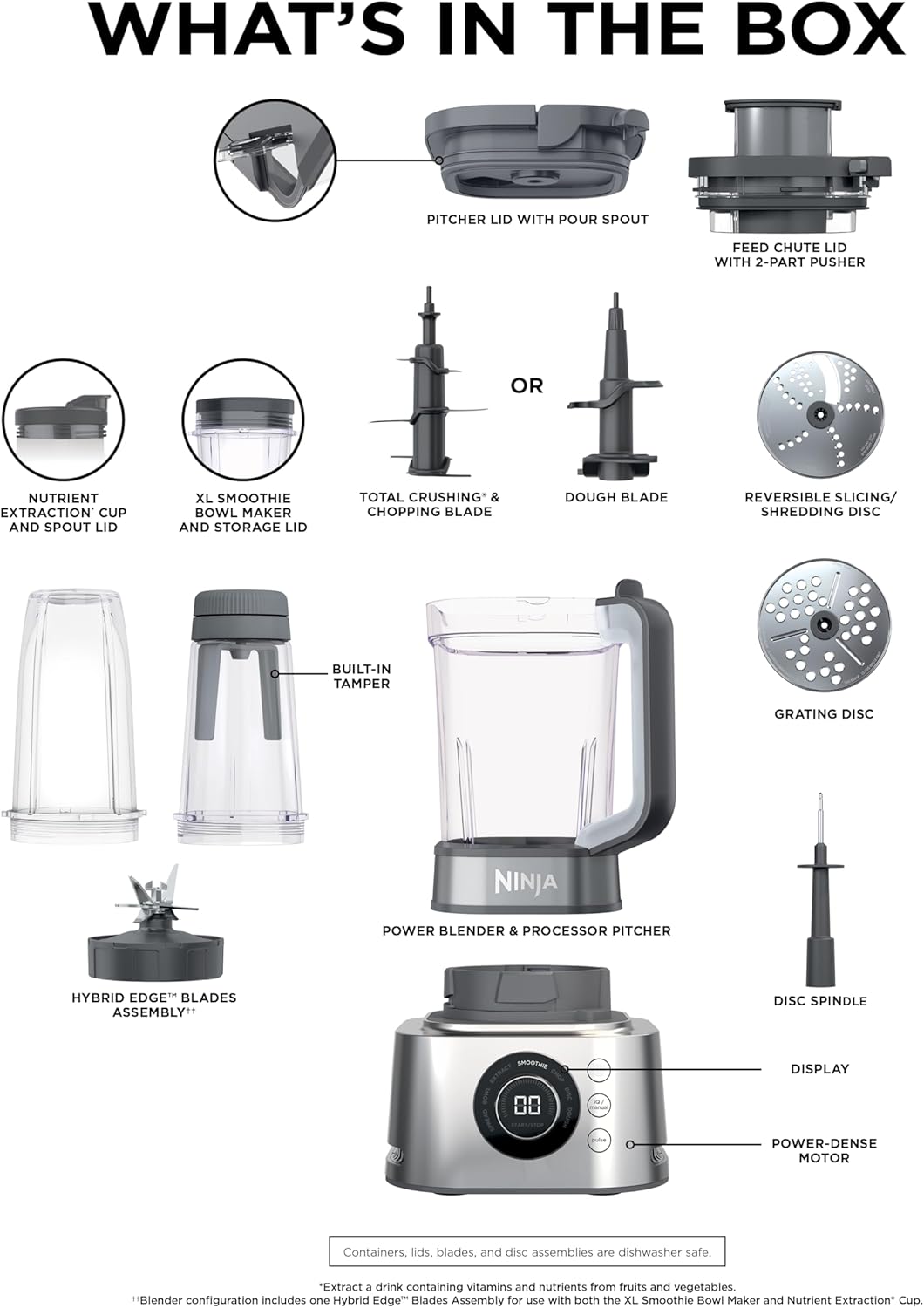 Ninja Blender & Food Processor Combo, Foodi Power Blender System for Smoothies, Bowls, Spreads & Shakes, 6 Functions, 72-oz Pitcher, To-Go Cups, Silver, SS401