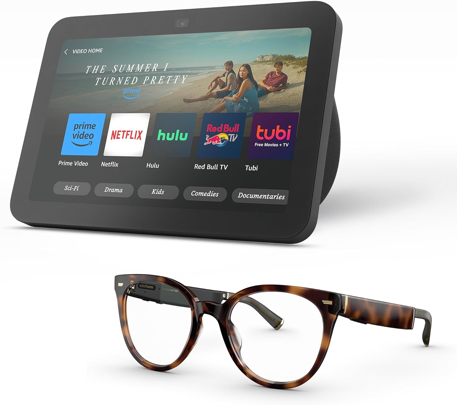 Amazon Echo Frames (newest model) + Echo Show 8 (newest model), Smart Glasses with Alexa, Rectangle frames in Classic Black with blue light filtering lenses