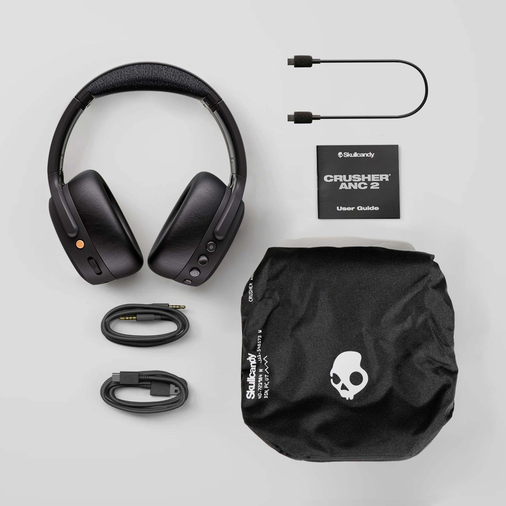 Skullcandy Crusher ANC 2 Wireless Over-Ear Bluetooth Headphones with Extra USB-C Charging Cable, Multi-Sensory Bass, Active Noise Cancelling, 60 Hours Battery, Microphone iPhone Android - True Black