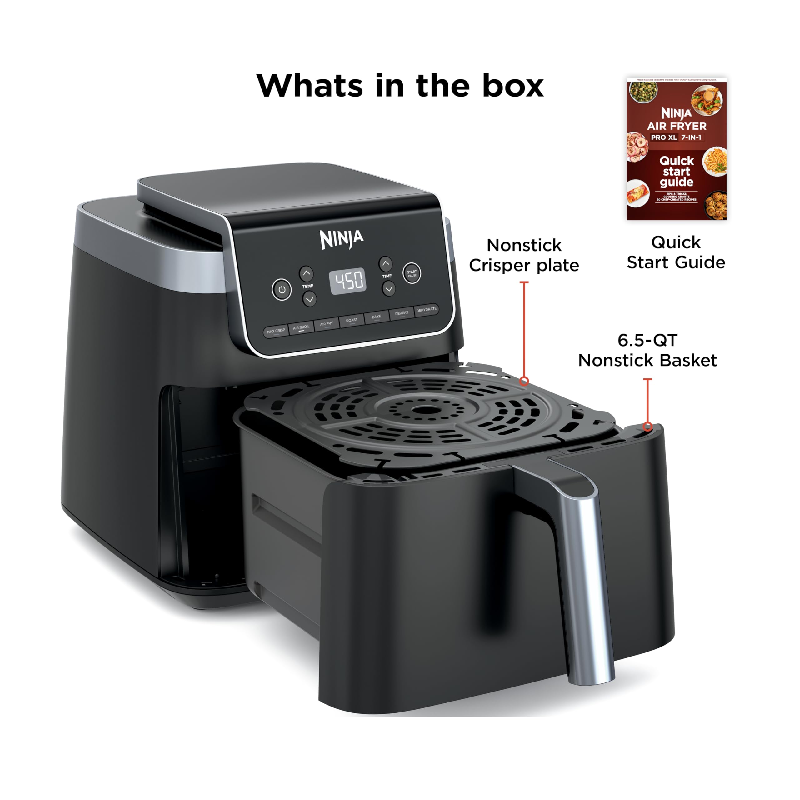 Ninja | Air Fryer Pro XL | 6.5QT Capacity fits up to 9lbs of Wings| 7-in-1 Max Crisp, Broil, Air Fry, Roast, Bake, Reheat & Dehydrate | Dishwasher Safe Parts | Space Saving | Grey | AF182AMZ