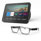 Amazon Echo Frames (newest model) + Echo Show 8 (newest model), Smart Glasses with Alexa, Rectangle frames in Classic Black with blue light filtering lenses