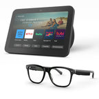 Amazon Echo Frames (newest model) + Echo Show 8 (newest model), Smart Glasses with Alexa, Rectangle frames in Classic Black with blue light filtering lenses