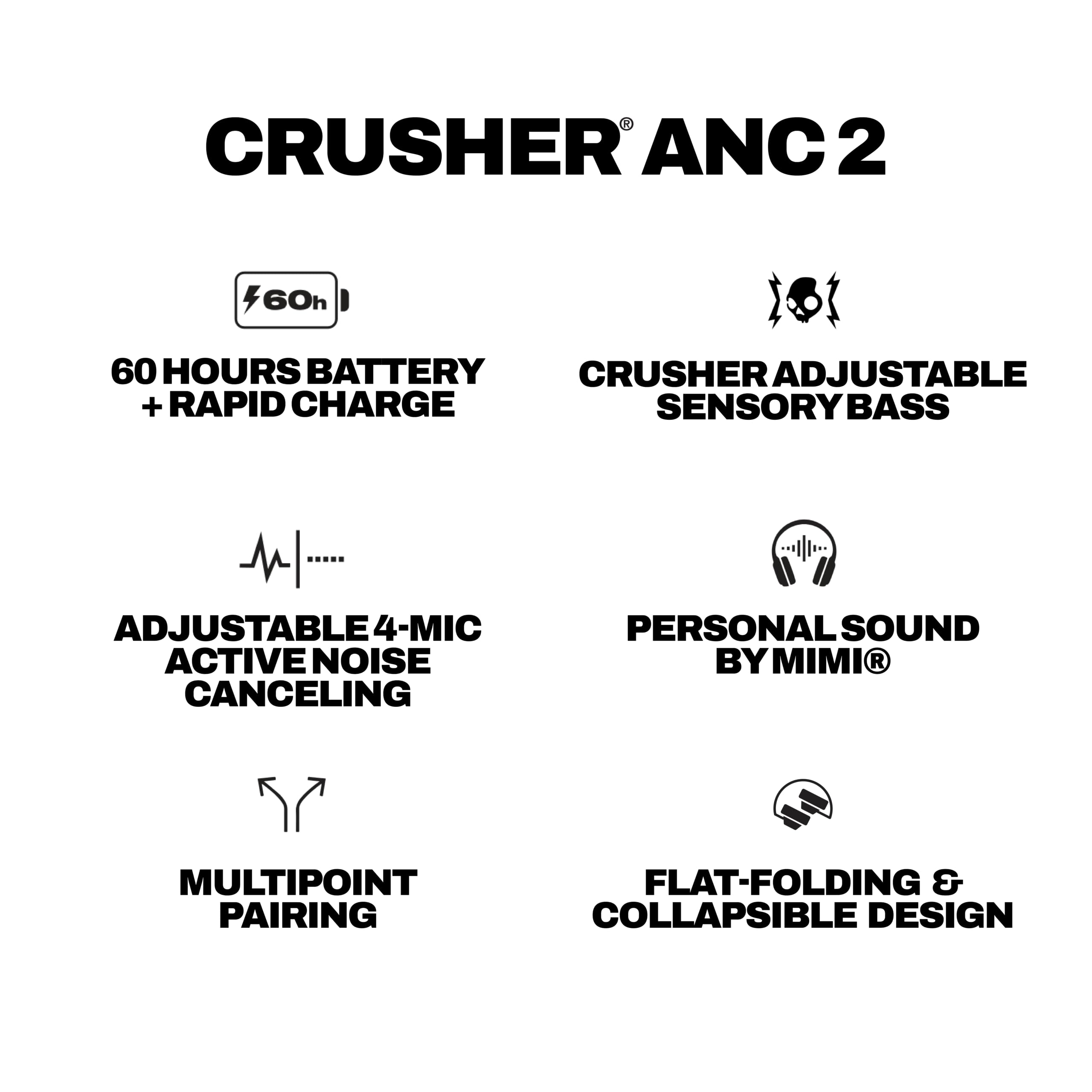 Skullcandy Crusher ANC 2 Wireless Over-Ear Bluetooth Headphones with Extra USB-C Charging Cable, Multi-Sensory Bass, Active Noise Cancelling, 60 Hours Battery, Microphone iPhone Android - True Black