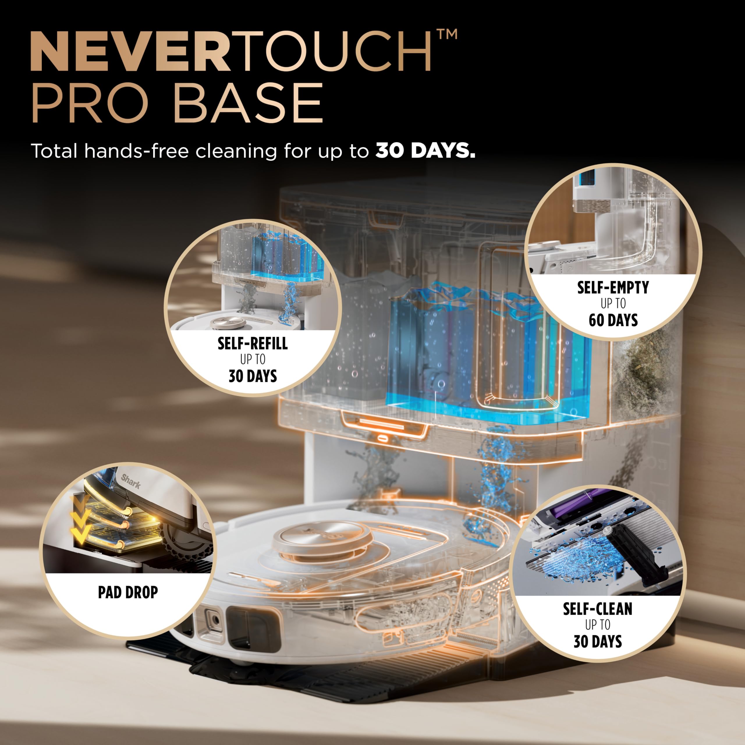 Shark Robot Vacuum & Mop Combo, PowerDetect NeverTouch Pro, Self-Emptying, Self-Refill with Self-Clean Pad Wash & Dry, 60-Day Debris Capacity, 30-Day Refill Tank, 5 Technologies, Black, AV2800ZEBK