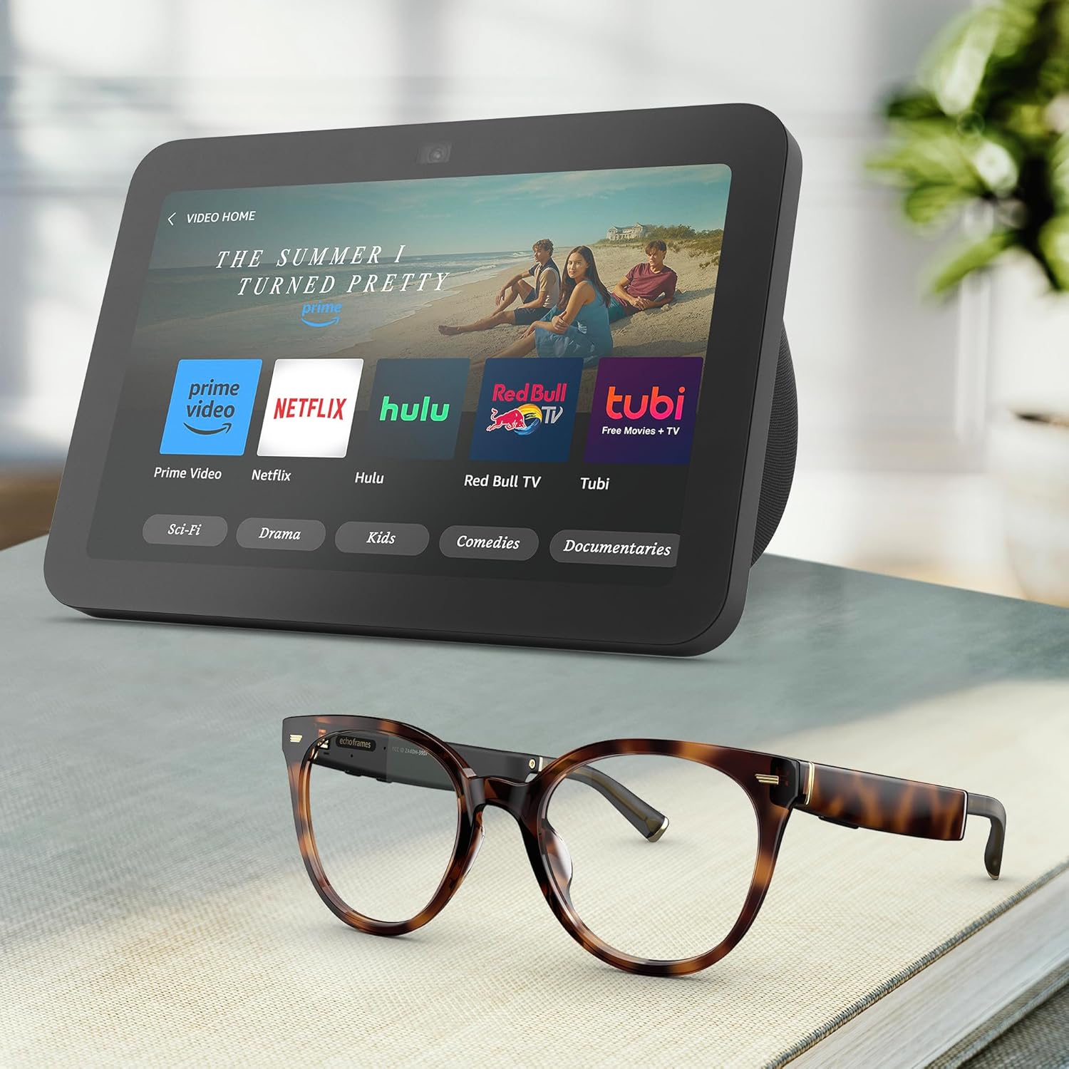 Amazon Echo Frames (newest model) + Echo Show 8 (newest model), Smart Glasses with Alexa, Rectangle frames in Classic Black with blue light filtering lenses