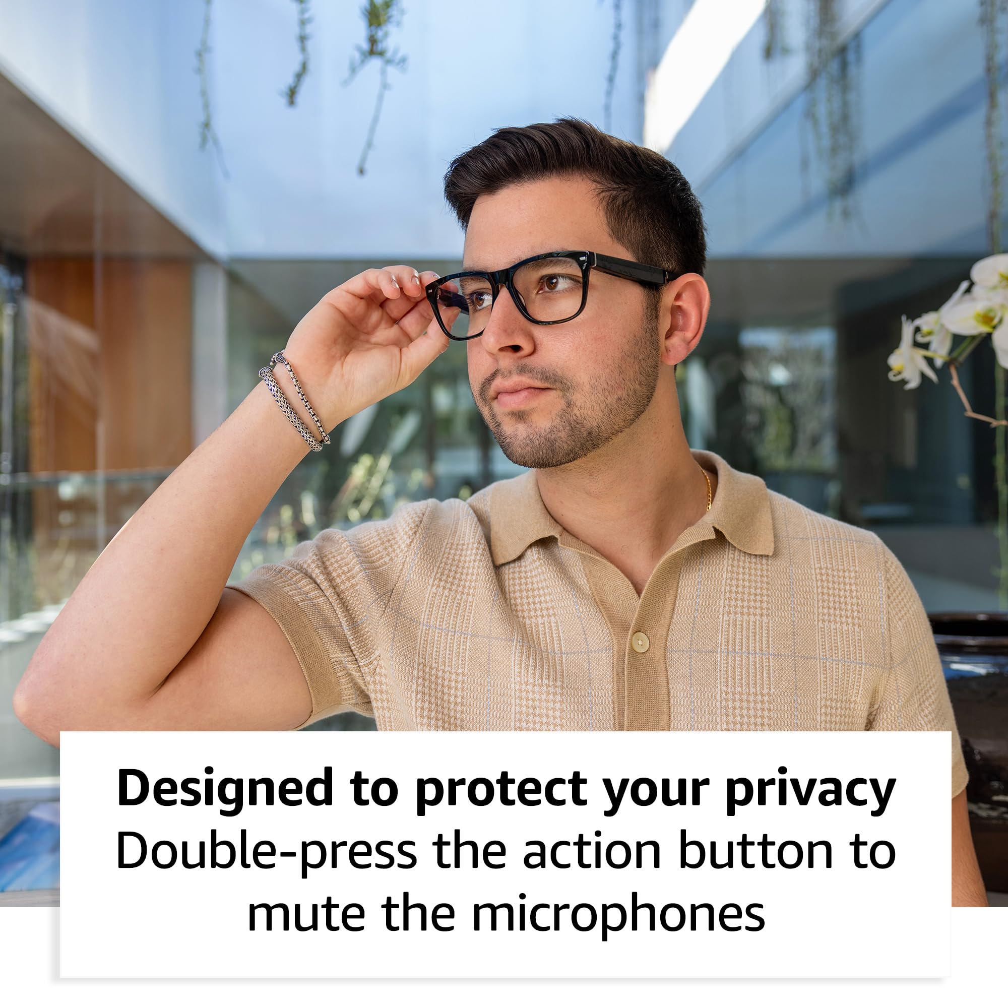 Amazon Echo Frames (newest model) + Echo Show 8 (newest model), Smart Glasses with Alexa, Rectangle frames in Classic Black with blue light filtering lenses