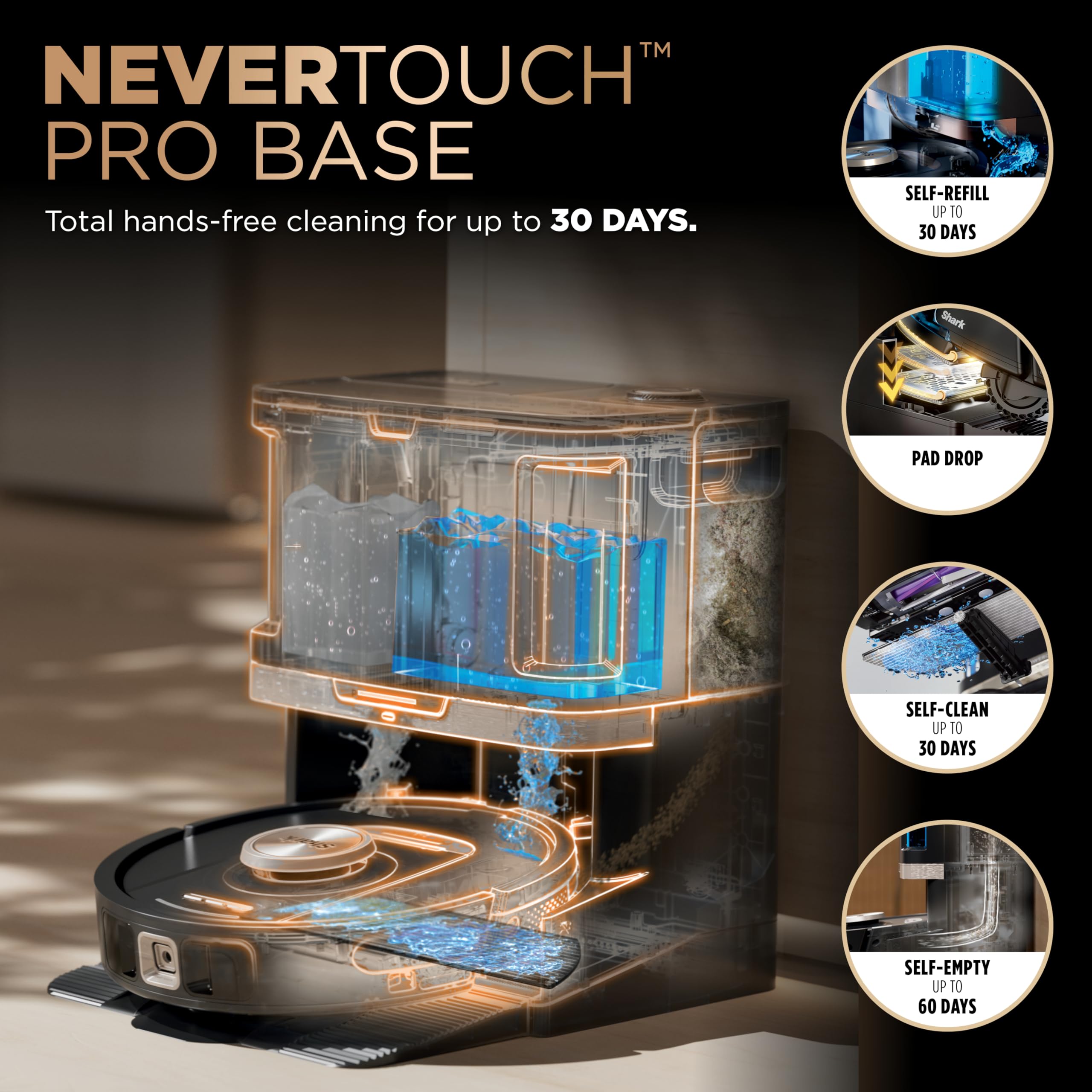 Shark Robot Vacuum & Mop Combo, PowerDetect NeverTouch Pro, Self-Emptying, Self-Refill with Self-Clean Pad Wash & Dry, 60-Day Debris Capacity, 30-Day Refill Tank, 5 Technologies, Black, AV2800ZEBK