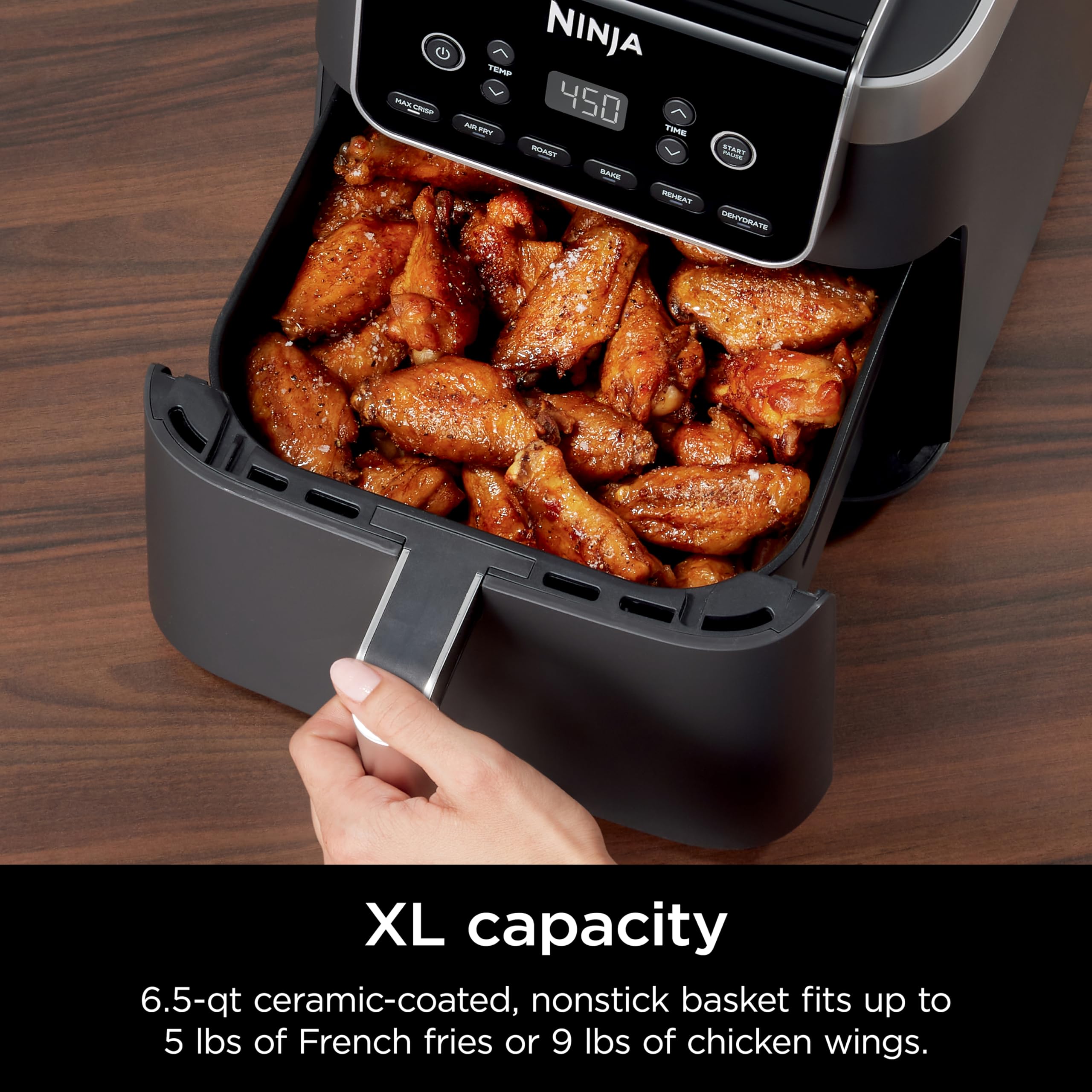 Ninja | Air Fryer Pro XL | 6.5QT Capacity fits up to 9lbs of Wings| 7-in-1 Max Crisp, Broil, Air Fry, Roast, Bake, Reheat & Dehydrate | Dishwasher Safe Parts | Space Saving | Grey | AF182AMZ