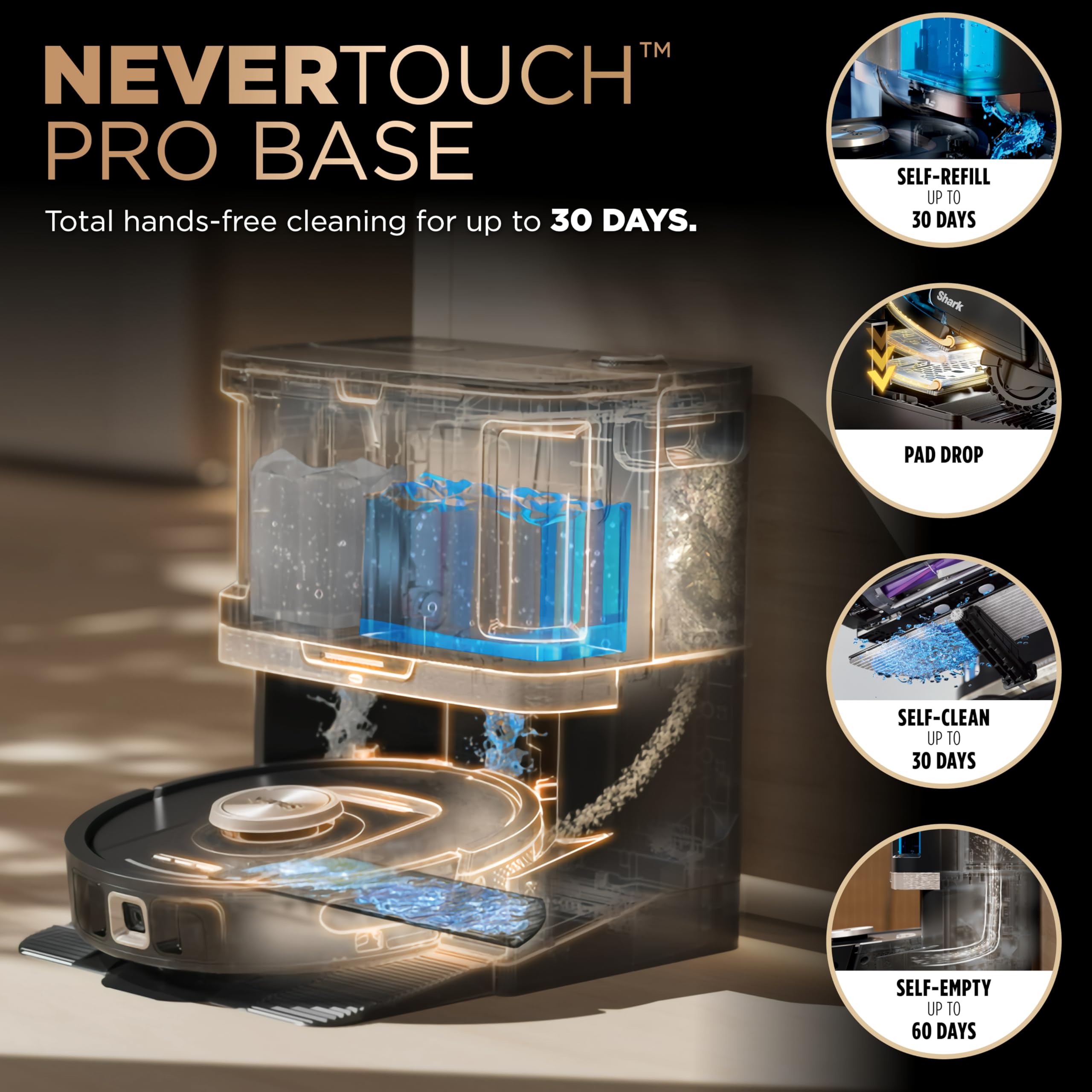 Shark Robot Vacuum & Mop Combo, PowerDetect NeverTouch Pro, Self-Emptying, Self-Refill with Self-Clean Pad Wash & Dry, 60-Day Debris Capacity, 30-Day Refill Tank, 5 Technologies, Black, AV2800ZEBK