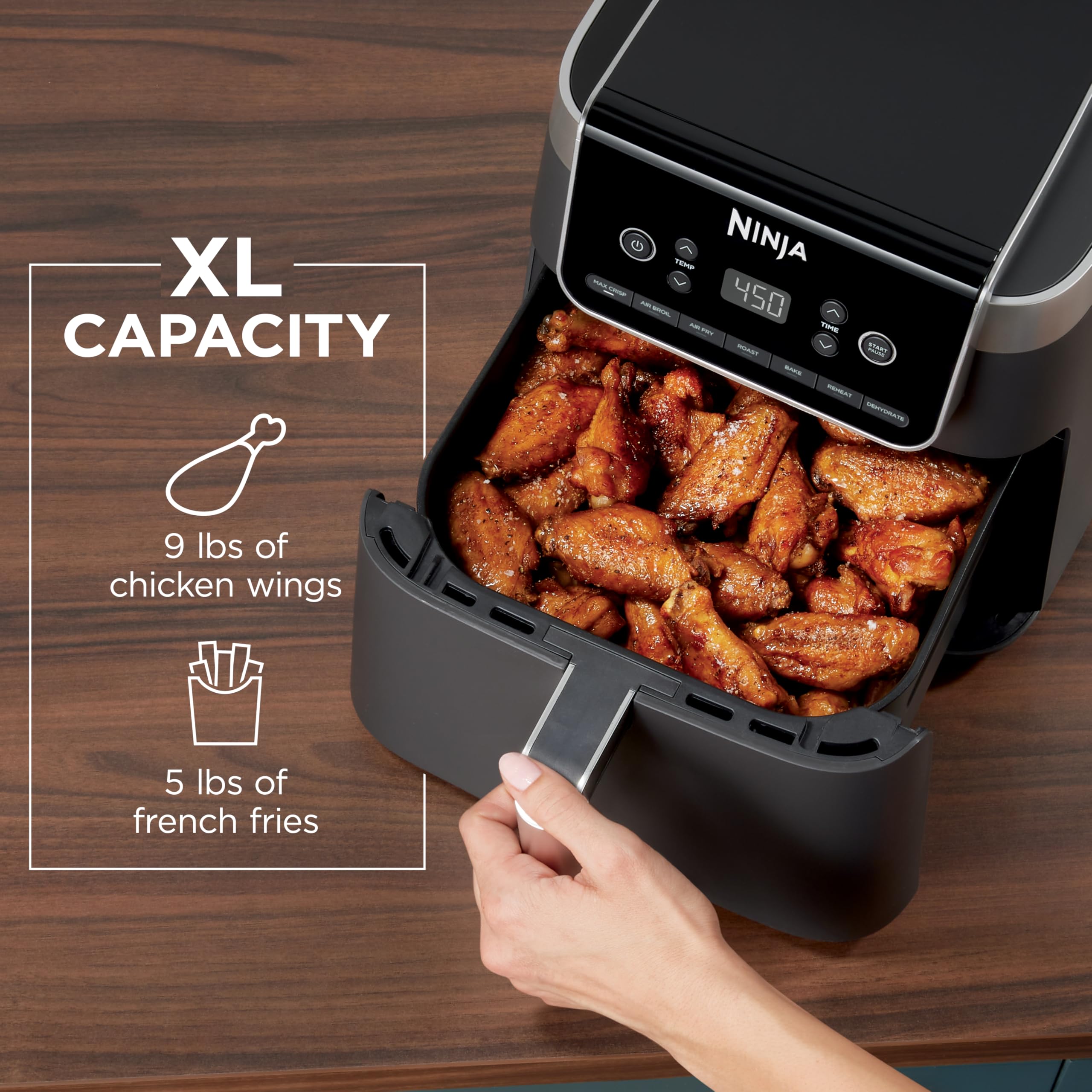 Ninja | Air Fryer Pro XL | 6.5QT Capacity fits up to 9lbs of Wings| 7-in-1 Max Crisp, Broil, Air Fry, Roast, Bake, Reheat & Dehydrate | Dishwasher Safe Parts | Space Saving | Grey | AF182AMZ