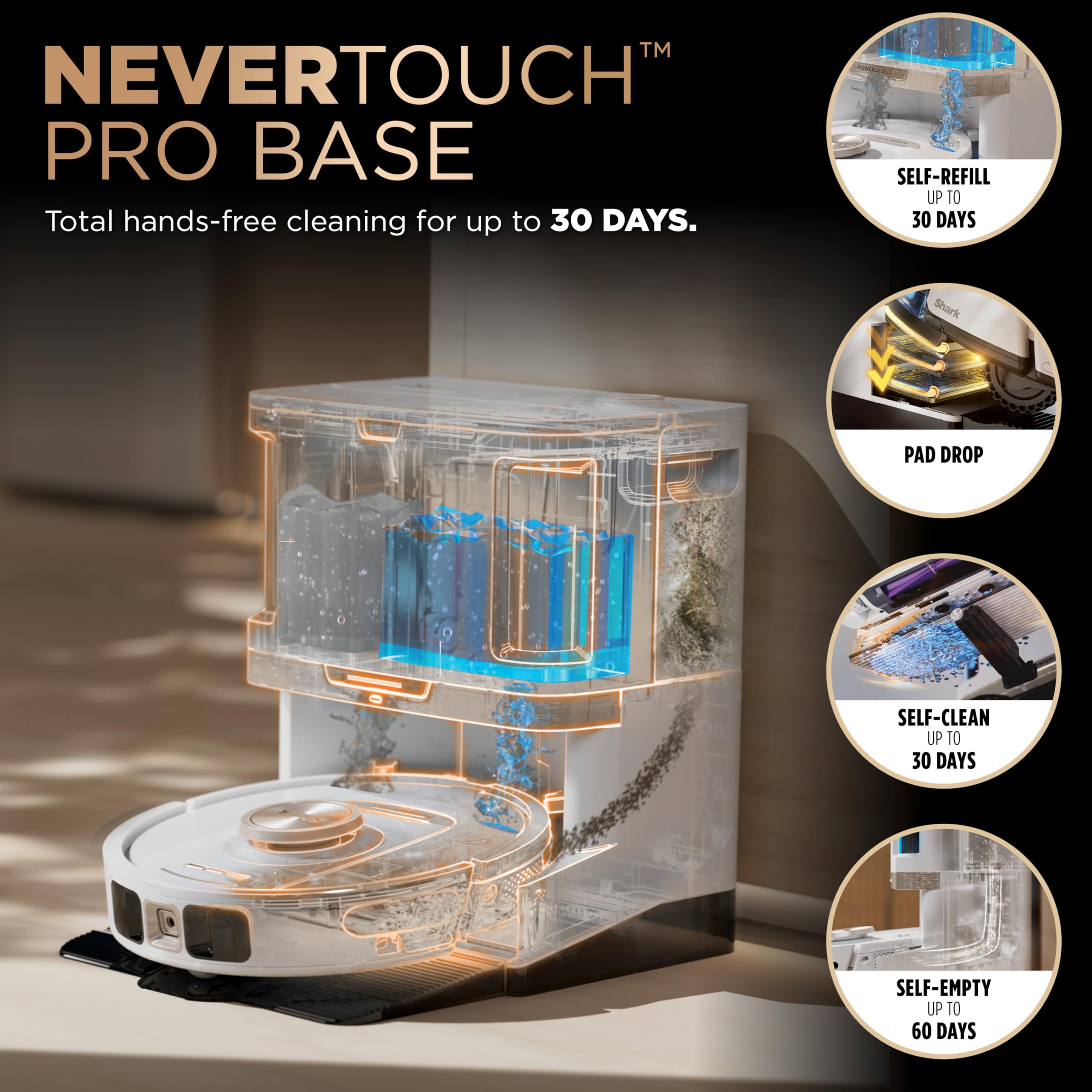 Shark Robot Vacuum & Mop Combo, PowerDetect NeverTouch Pro, Self-Emptying, Self-Refill with Self-Clean Pad Wash & Dry, 60-Day Debris Capacity, 30-Day Refill Tank, 5 Technologies, Black, AV2800ZEBK